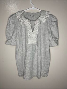 LOFT Eyelet Collar Heather Gray Puff Sleeve Cotton Top Size Small